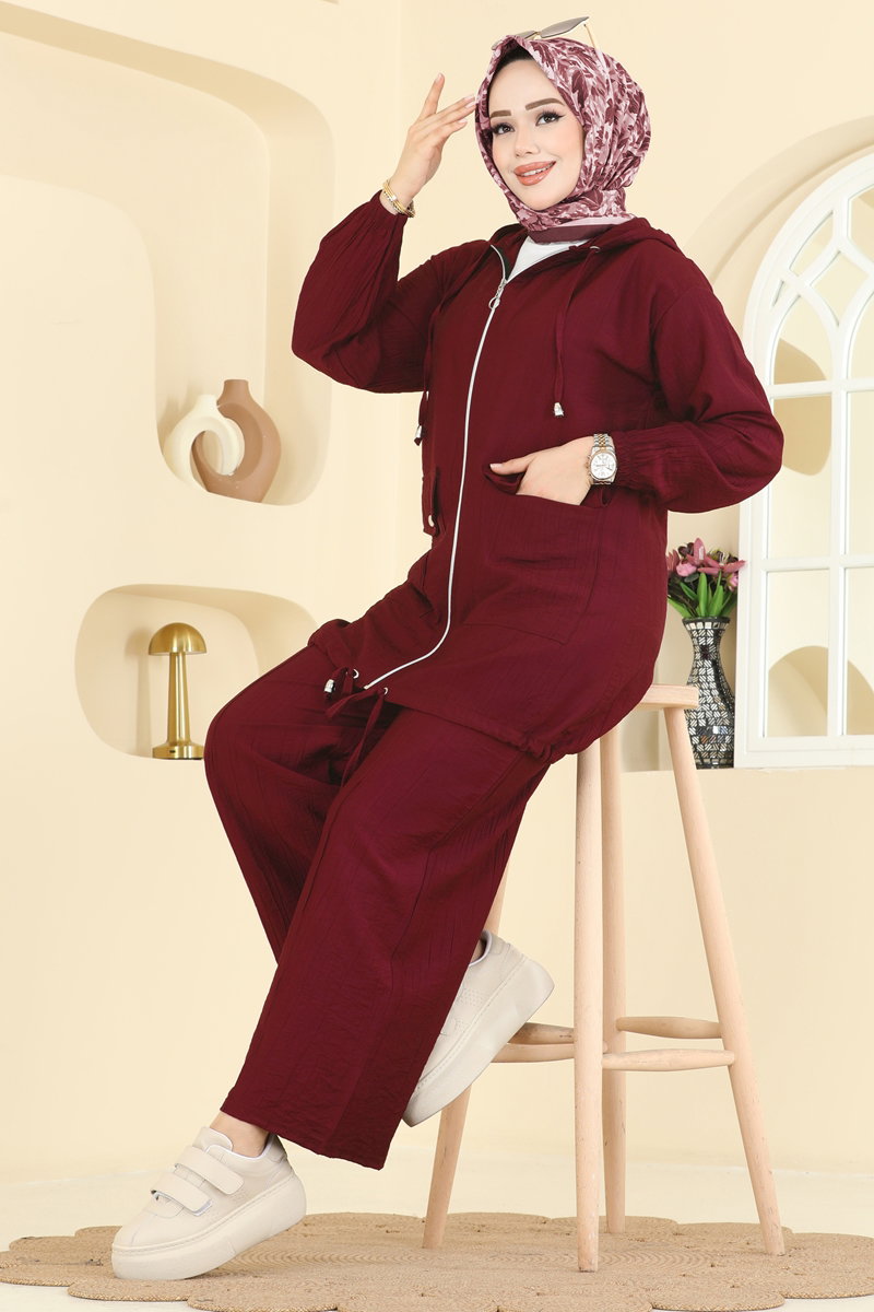 Hooded Trouser Set - Burgundy