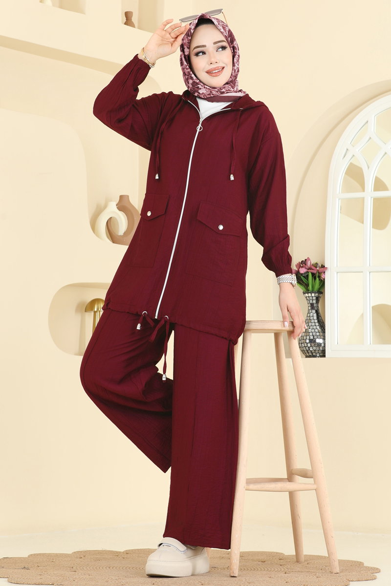 Hooded Trouser Set - Burgundy