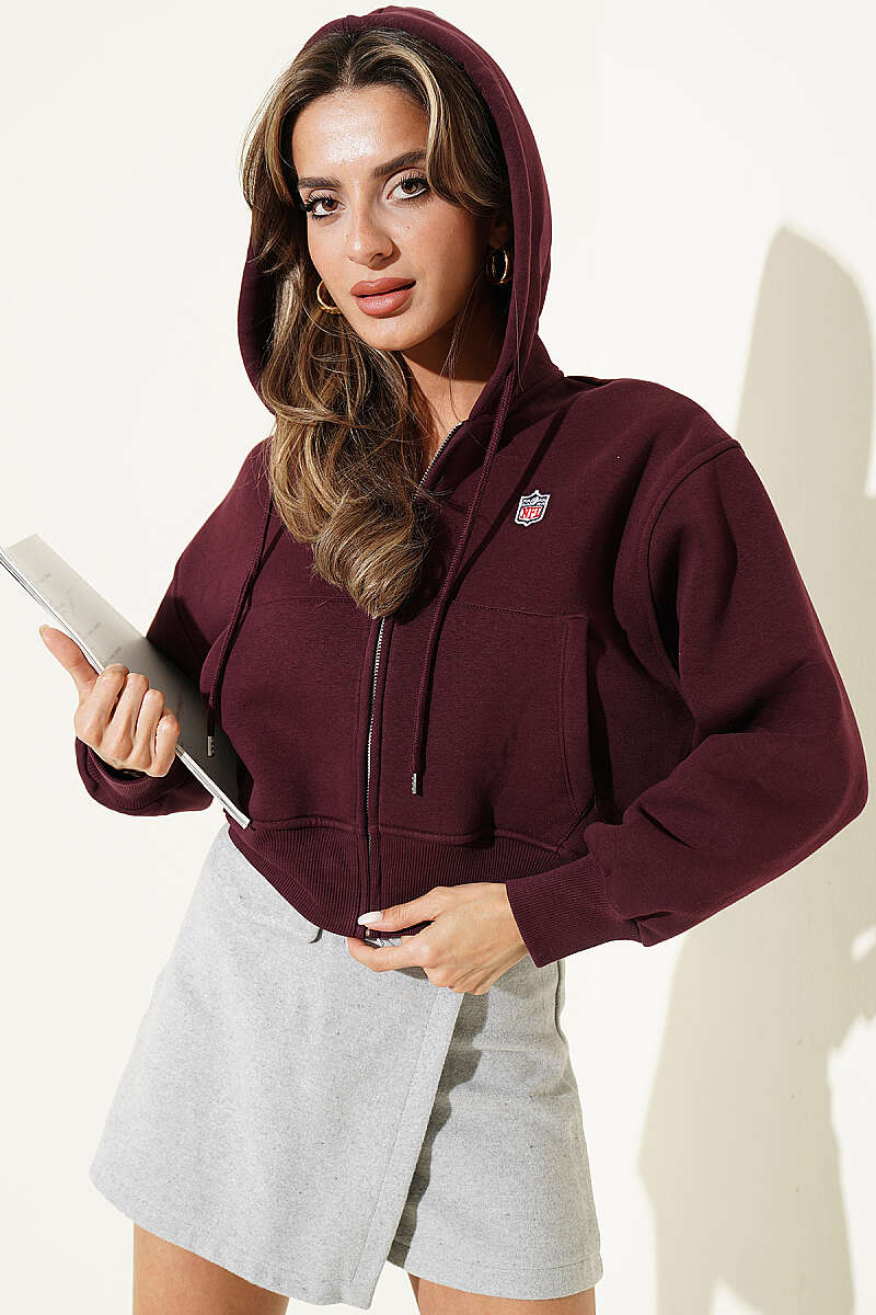 Short Hooded Cardigan with Badge Detail - Plum