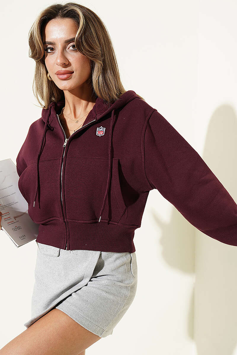 Short Hooded Cardigan with Badge Detail - Plum