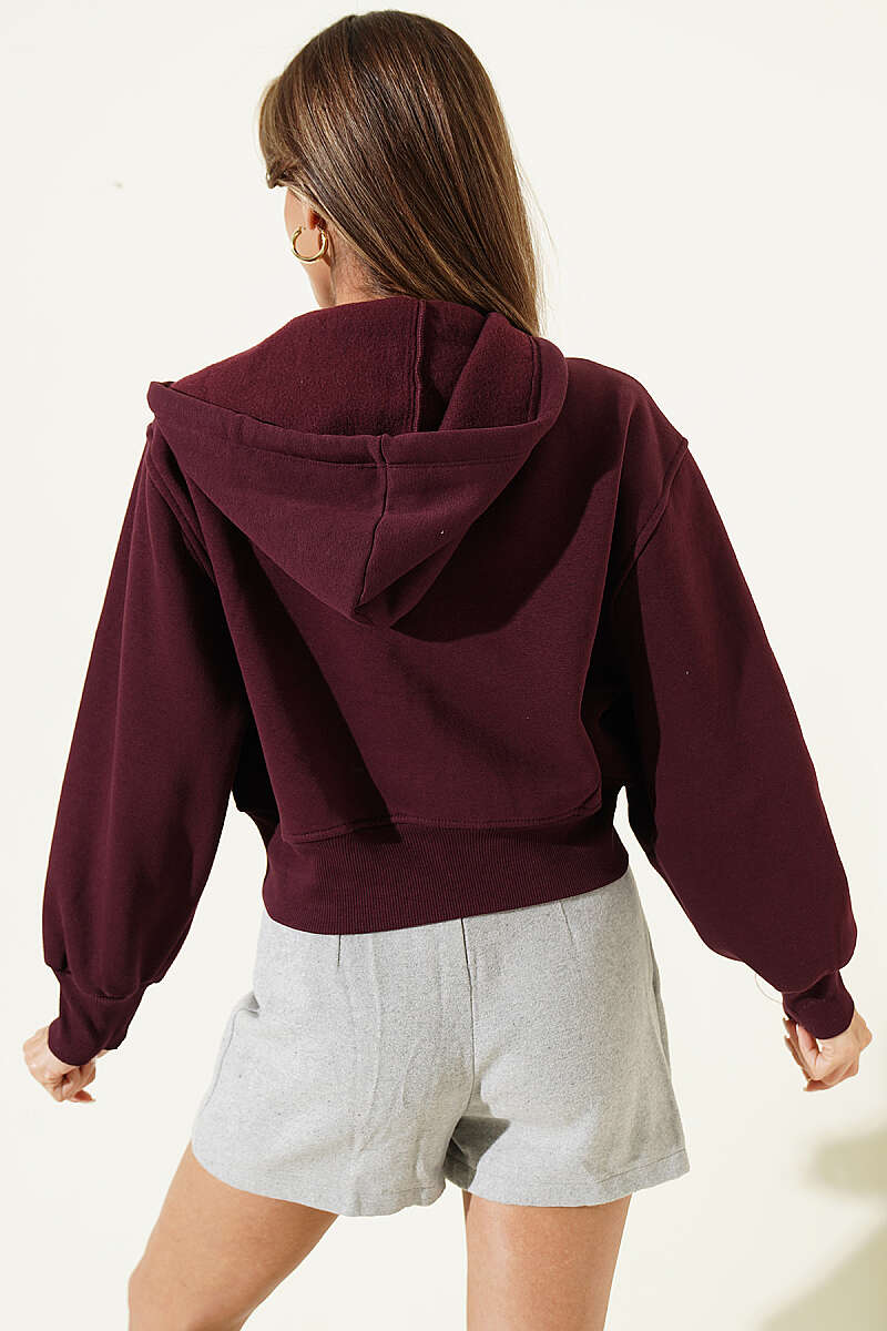Short Hooded Cardigan with Badge Detail - Plum