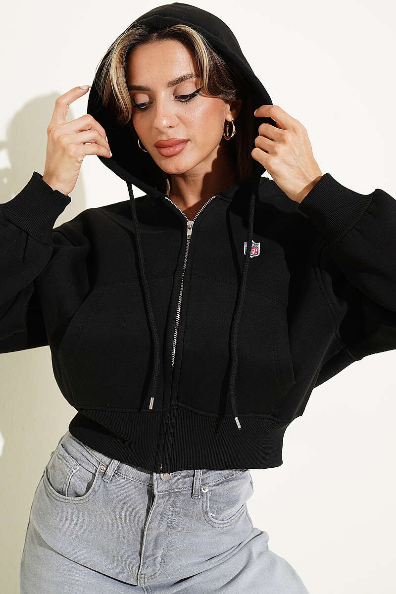 Short Hooded Cardigan with Badge Detail - Black