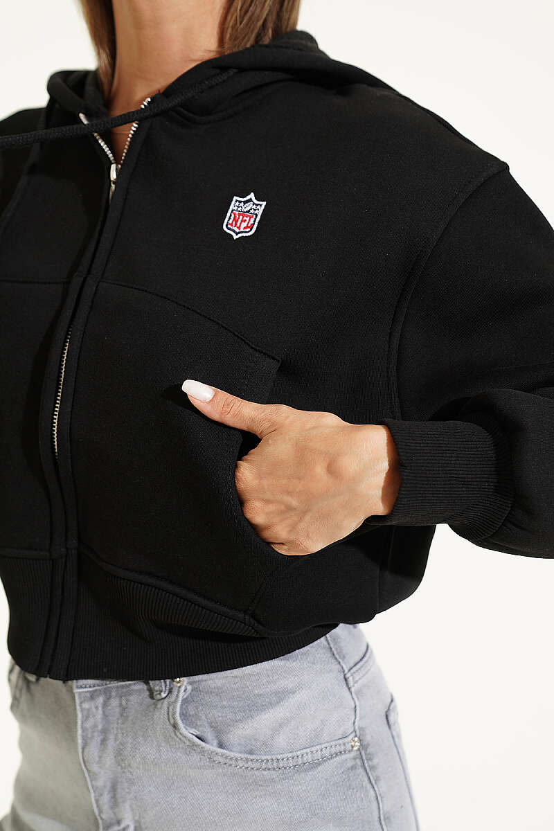 Short Hooded Cardigan with Badge Detail - Black