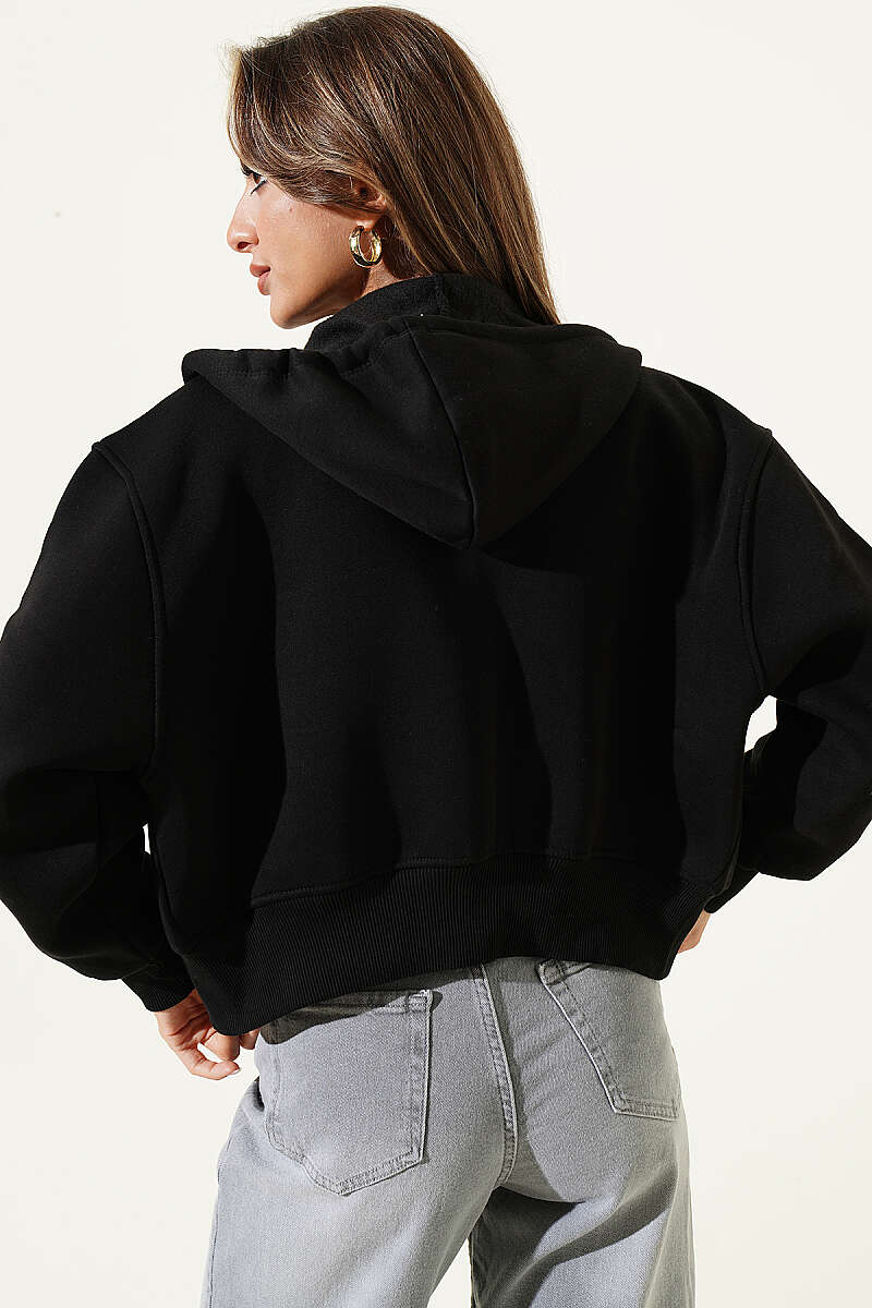 Short Hooded Cardigan with Badge Detail - Black