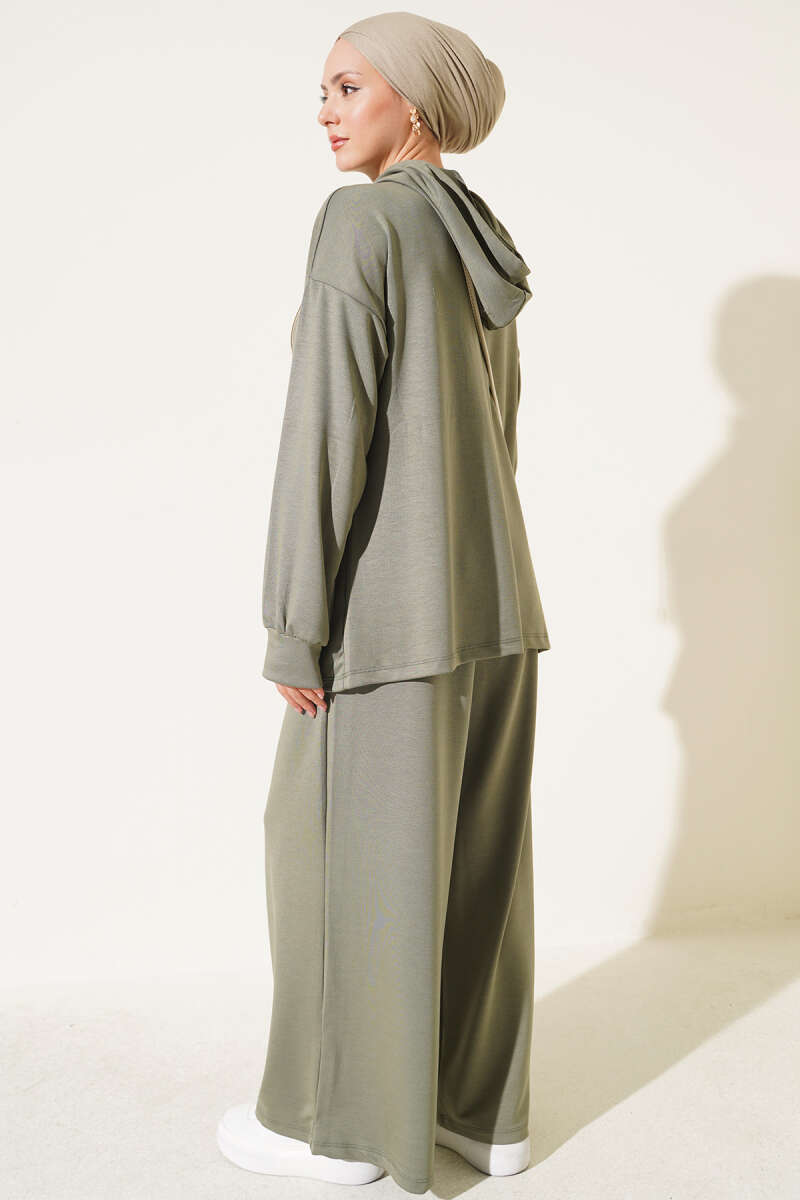 Hooded Two-Piece Set with Emblem - Almond Green
