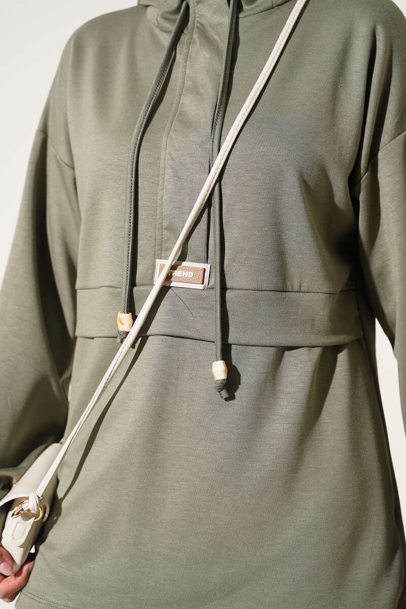 Hooded Two-Piece Set with Emblem - Almond Green