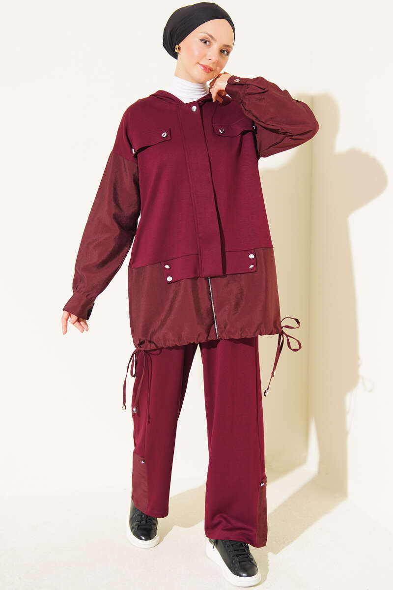 Hooded Two-Piece Set with Tie Detail - Burgundy