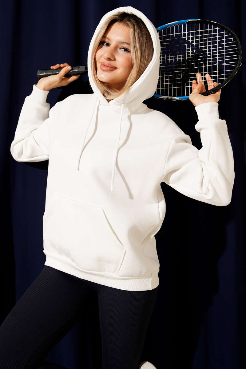 Basic Hooded Three-Thread Sweatshirt - Ecru
