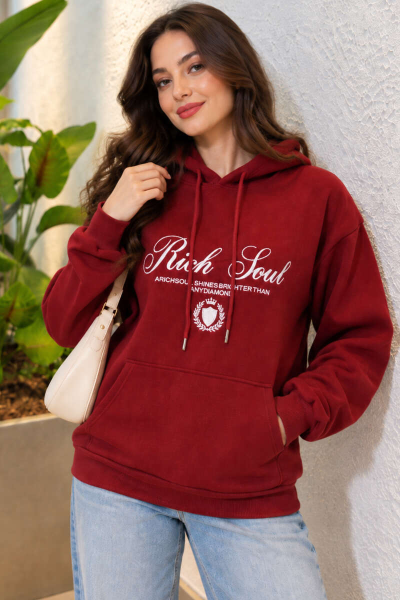 Hooded Sweatshirt with Print Detail - Burgundy