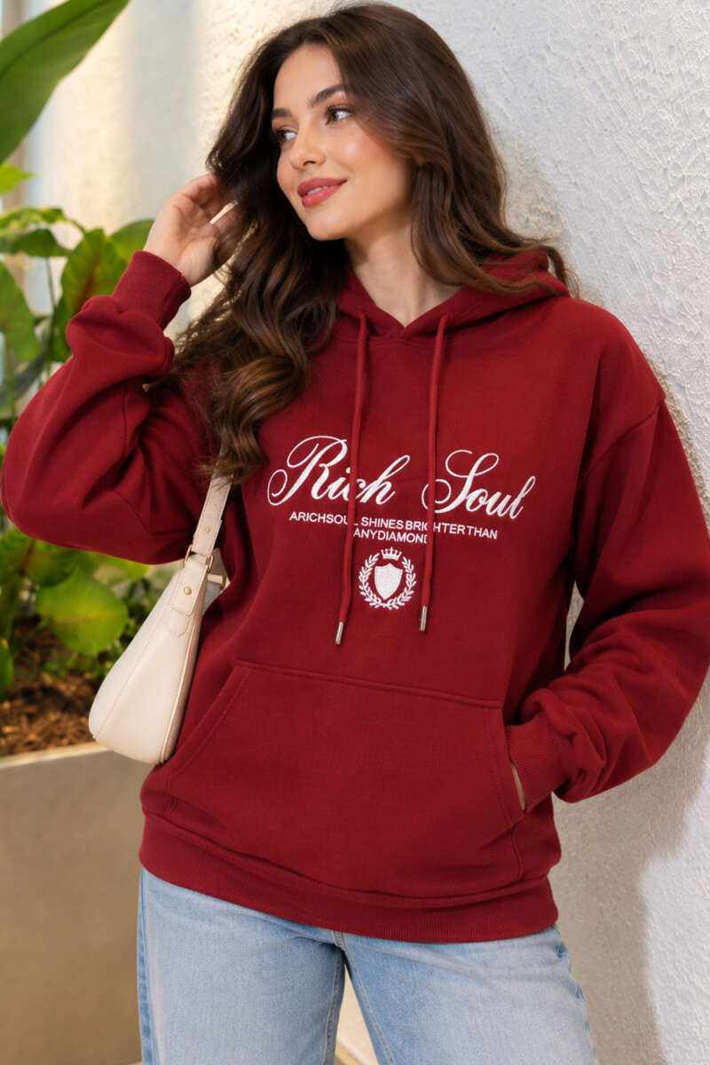 Hooded Sweatshirt with Print Detail - Burgundy