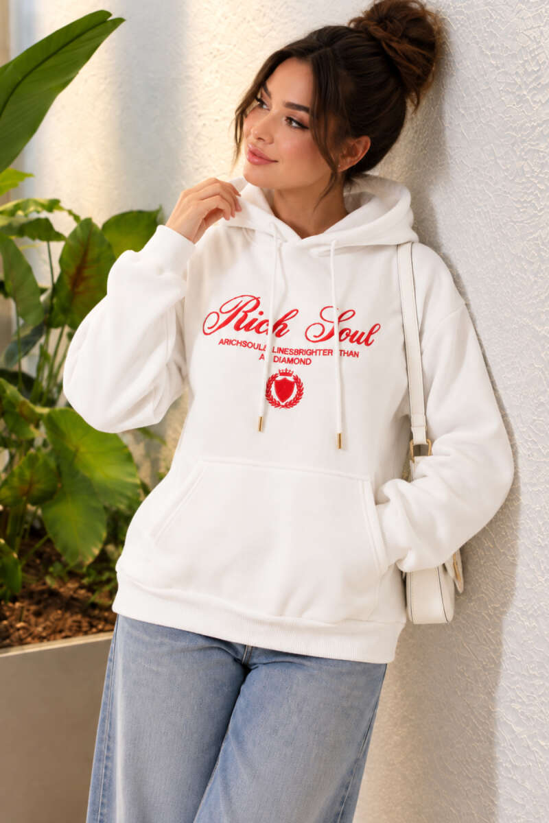 Hooded Sweatshirt with Print Detail - Ecru