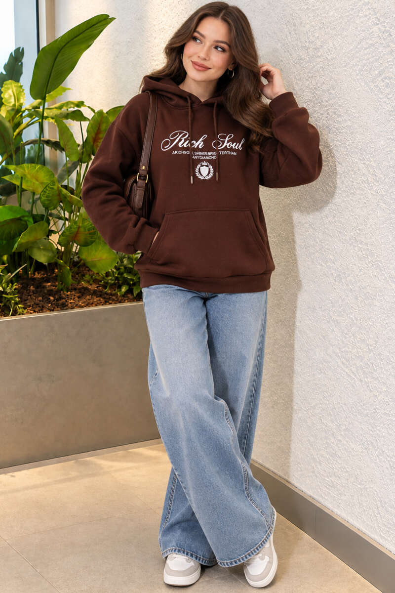 Hooded Sweatshirt with Print Detail - Brown