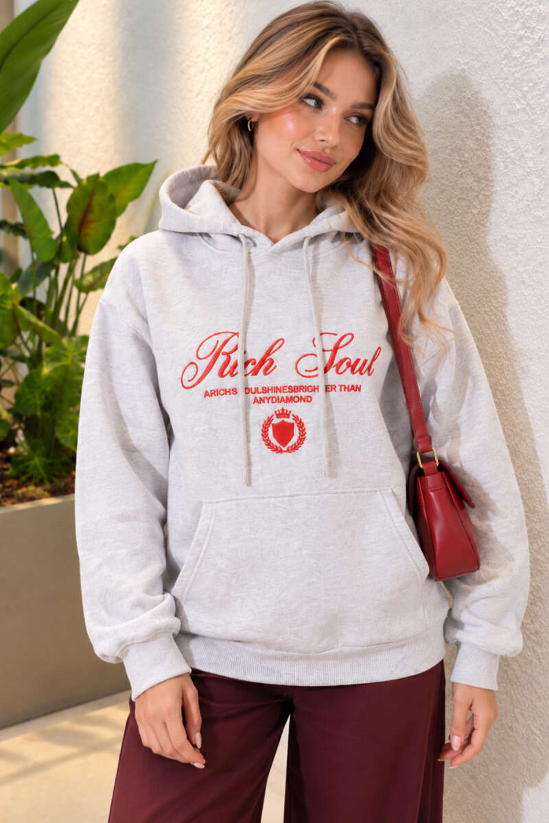 Hooded Sweatshirt with Print Detail - Heather Grey