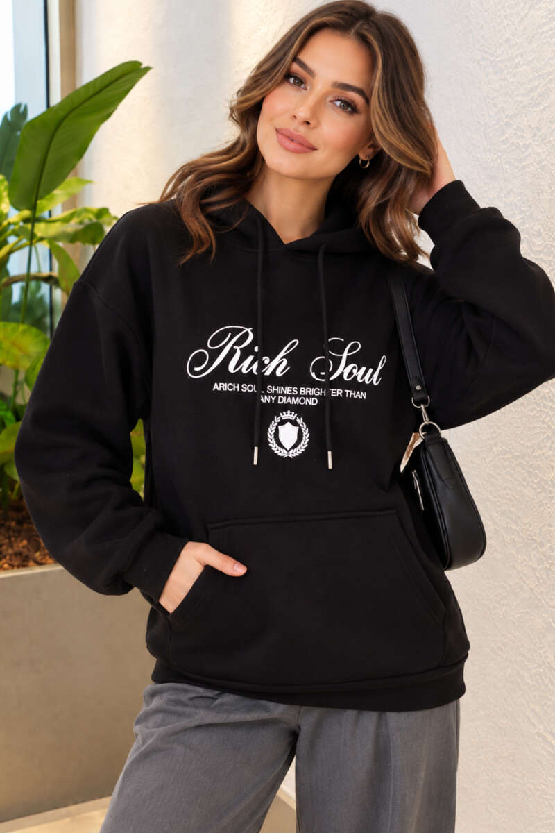 Hooded Sweatshirt with Print Detail - Black