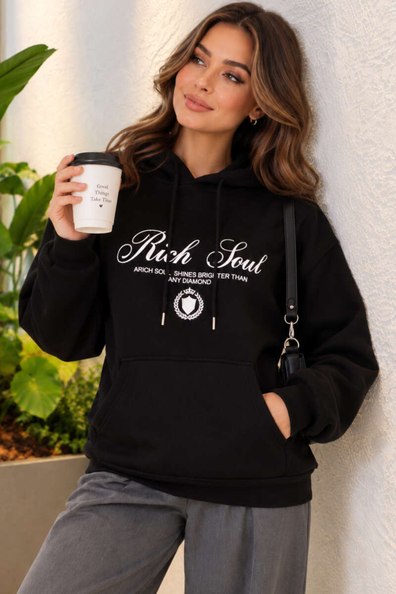 Hooded Sweatshirt with Print Detail - Black