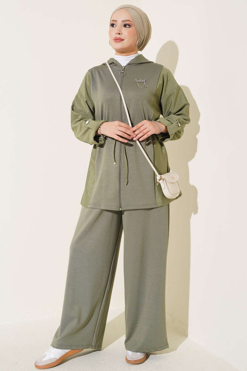 Hooded Two-Piece Set with Drawstring Waist - Almond Green