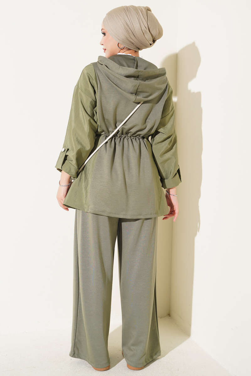 Hooded Two-Piece Set with Drawstring Waist - Almond Green