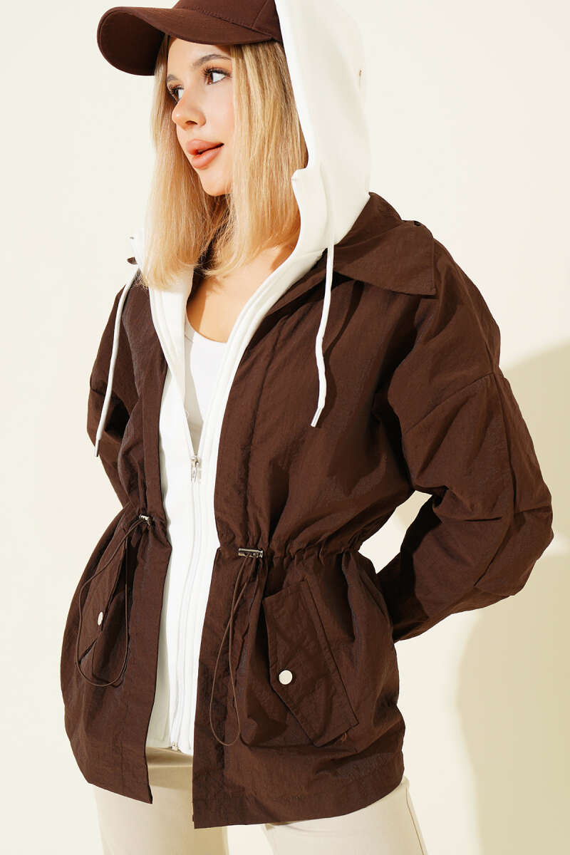 Hooded Parachute Jacket with Drawstring Waist - Brown