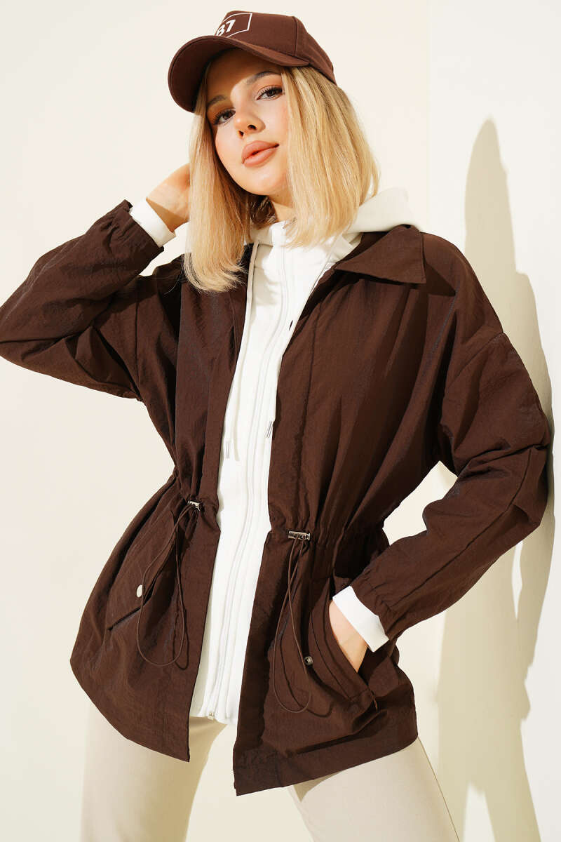 Hooded Parachute Jacket with Drawstring Waist - Brown
