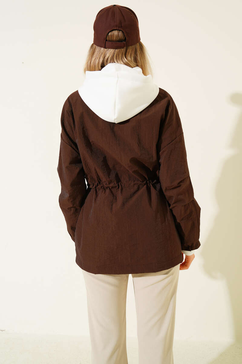 Hooded Parachute Jacket with Drawstring Waist - Brown