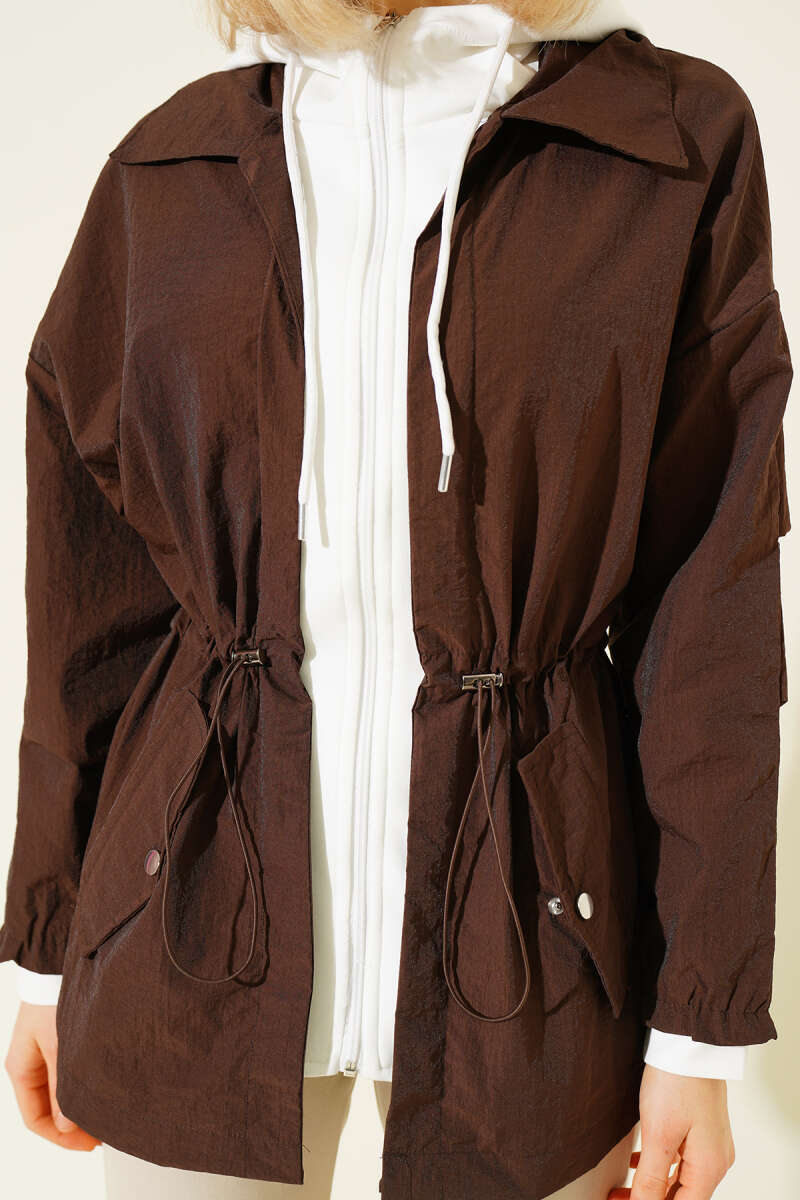 Hooded Parachute Jacket with Drawstring Waist - Brown