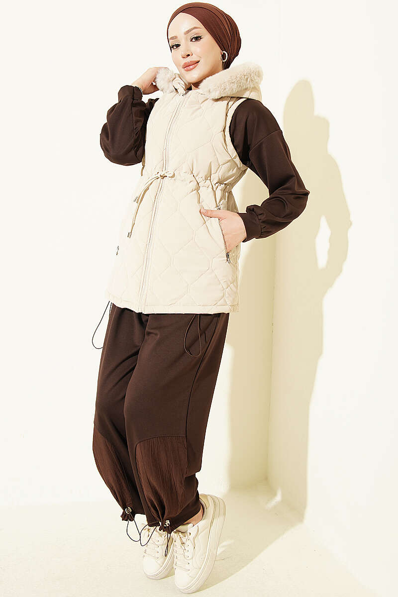 Hooded Vest with Drawstring Waist - Beige