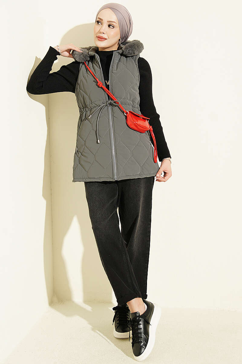 Hooded Vest with Drawstring Waist - Grey