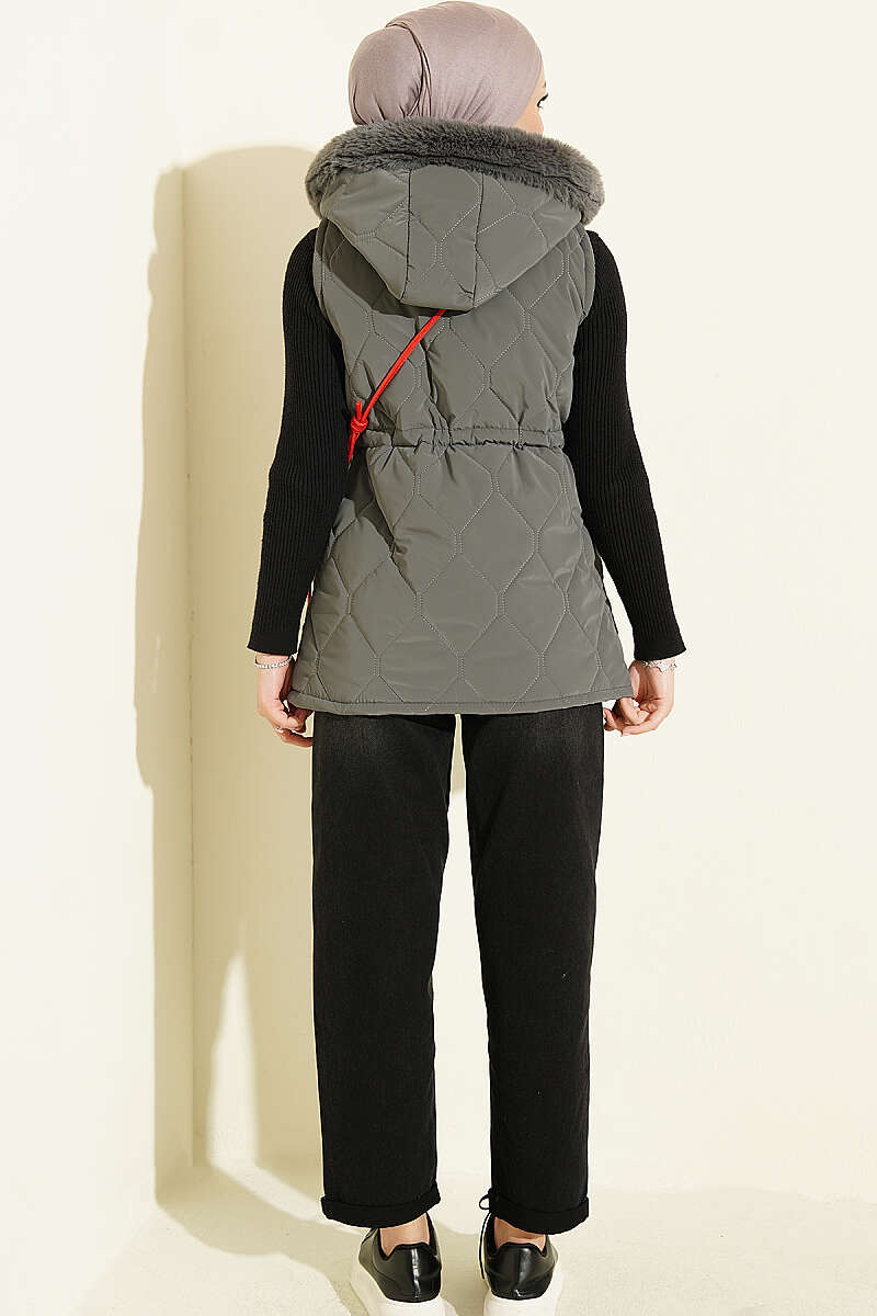 Hooded Vest with Drawstring Waist - Grey