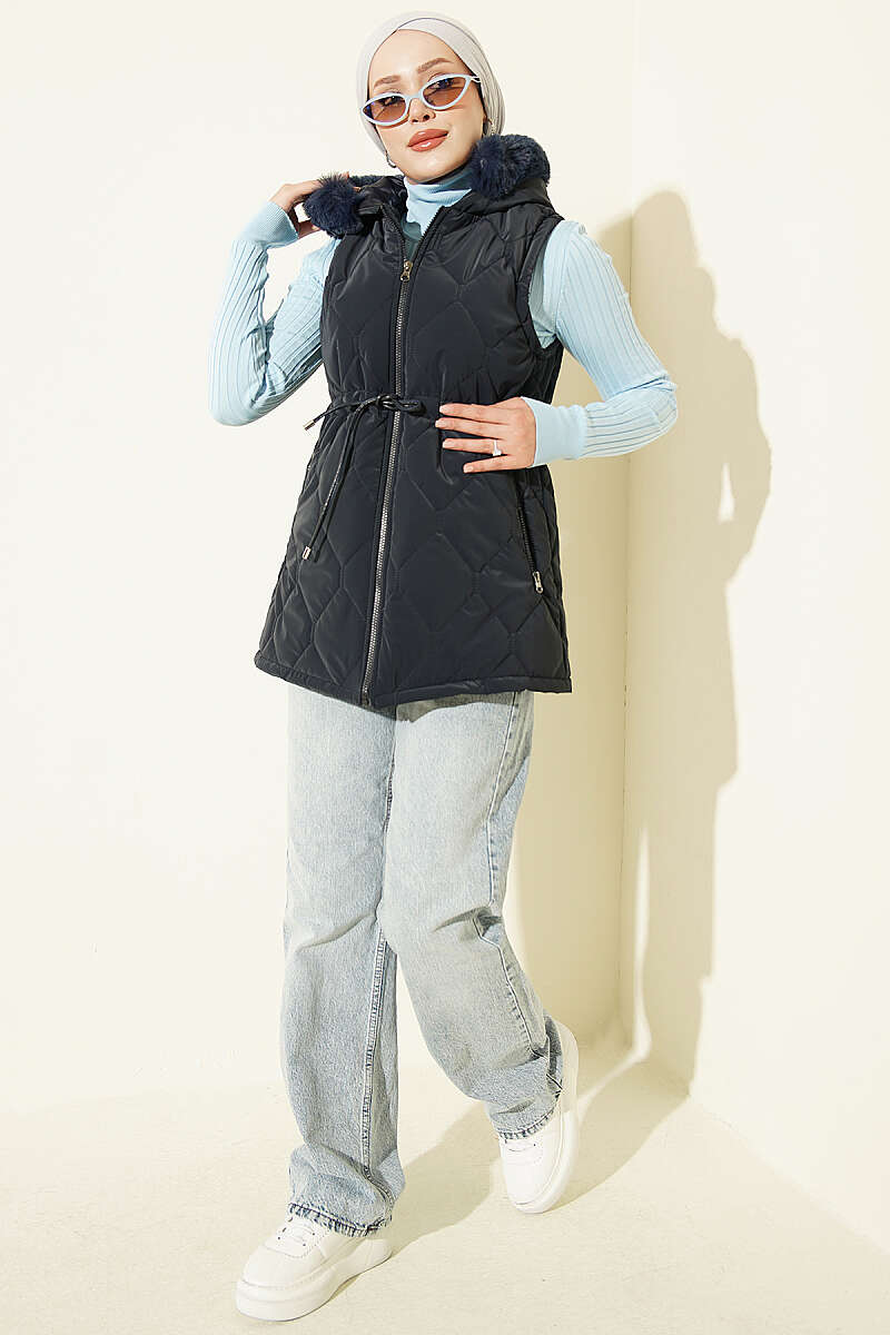 Hooded Vest with Drawstring Waist - Navy