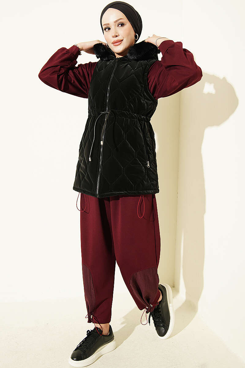 Hooded Vest with Drawstring Waist - Black