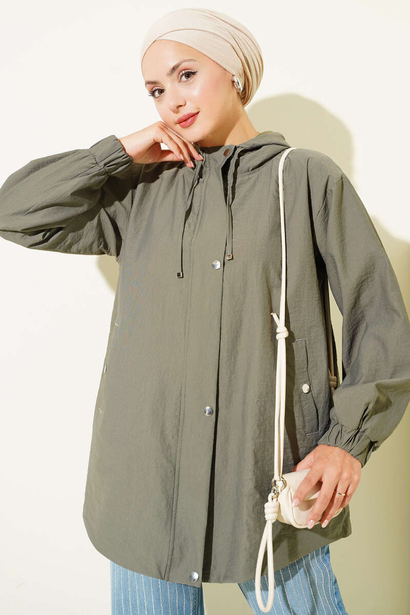 Hooded Jacket with Elastic Cuffs - Khaki