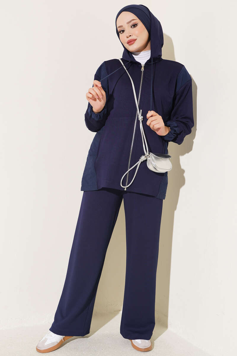 Hooded Zip-Detail Two-Piece Set - Navy