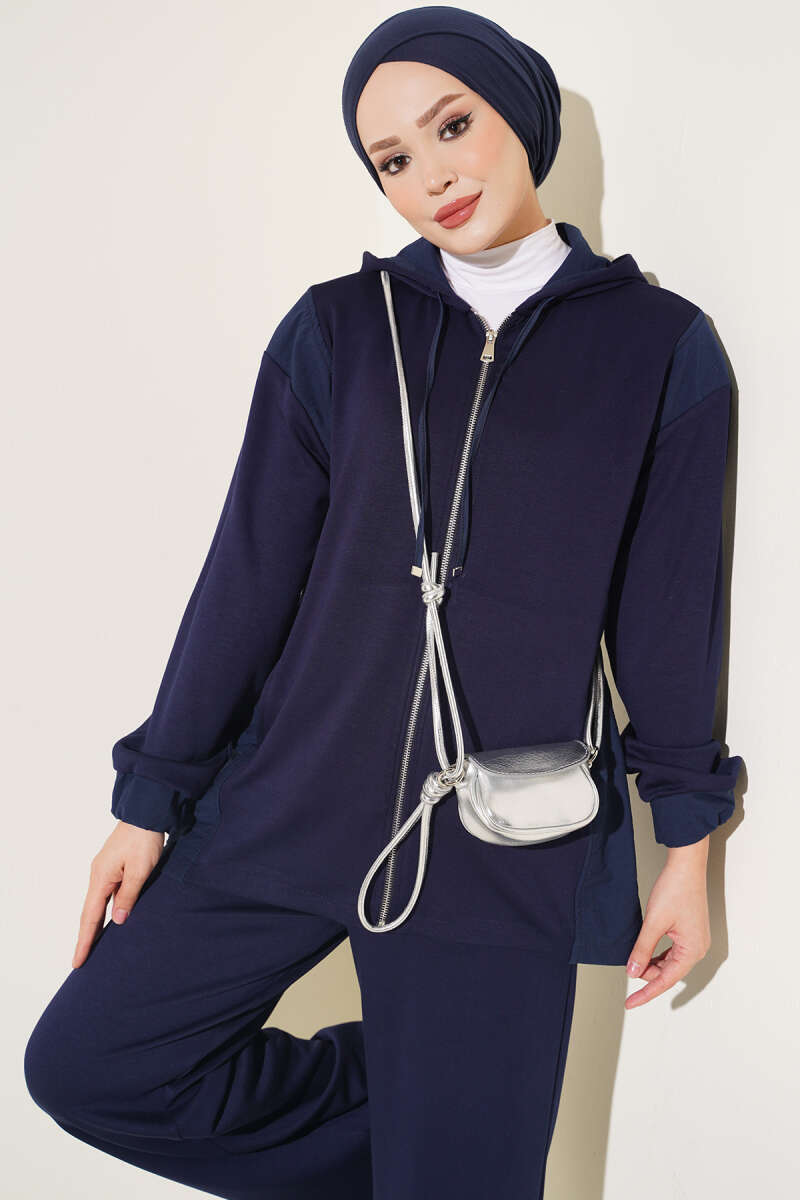 Hooded Zip-Detail Two-Piece Set - Navy