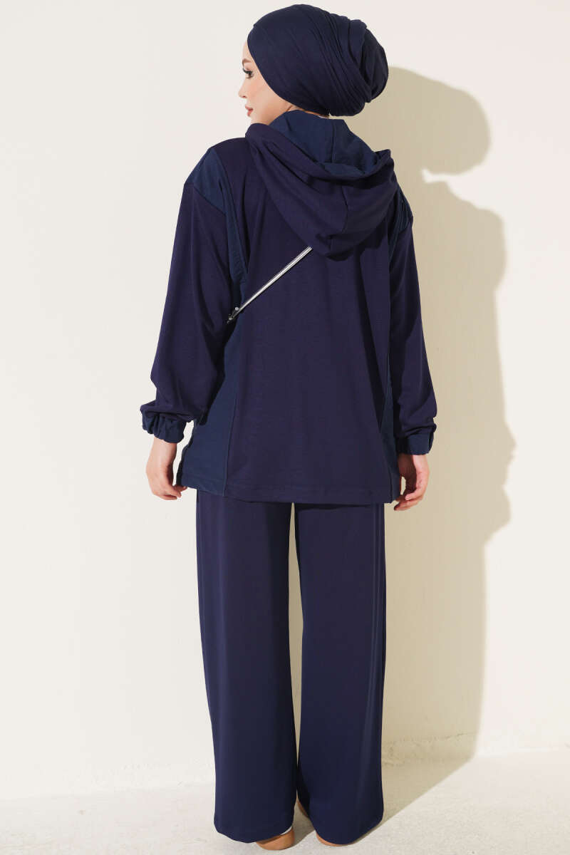 Hooded Zip-Detail Two-Piece Set - Navy