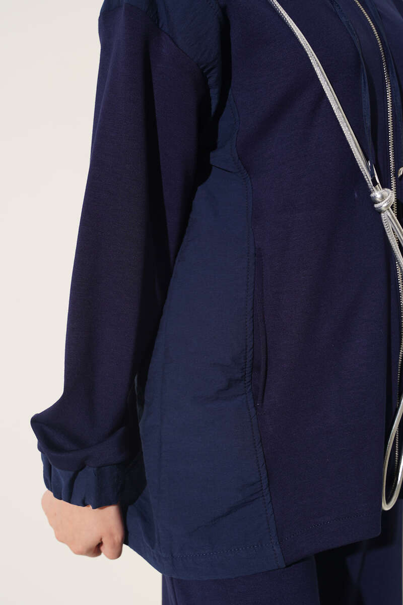 Hooded Zip-Detail Two-Piece Set - Navy