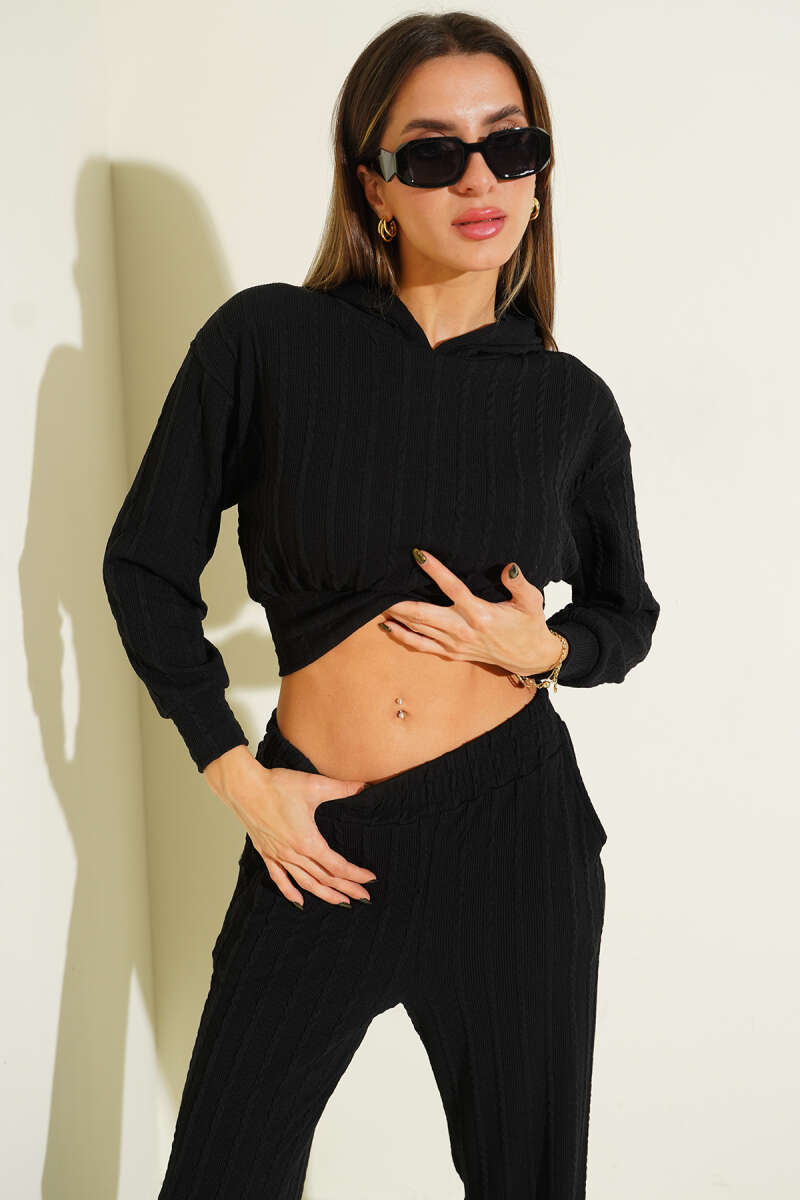 Hooded Two-Piece Set with Ruched Detail - Black