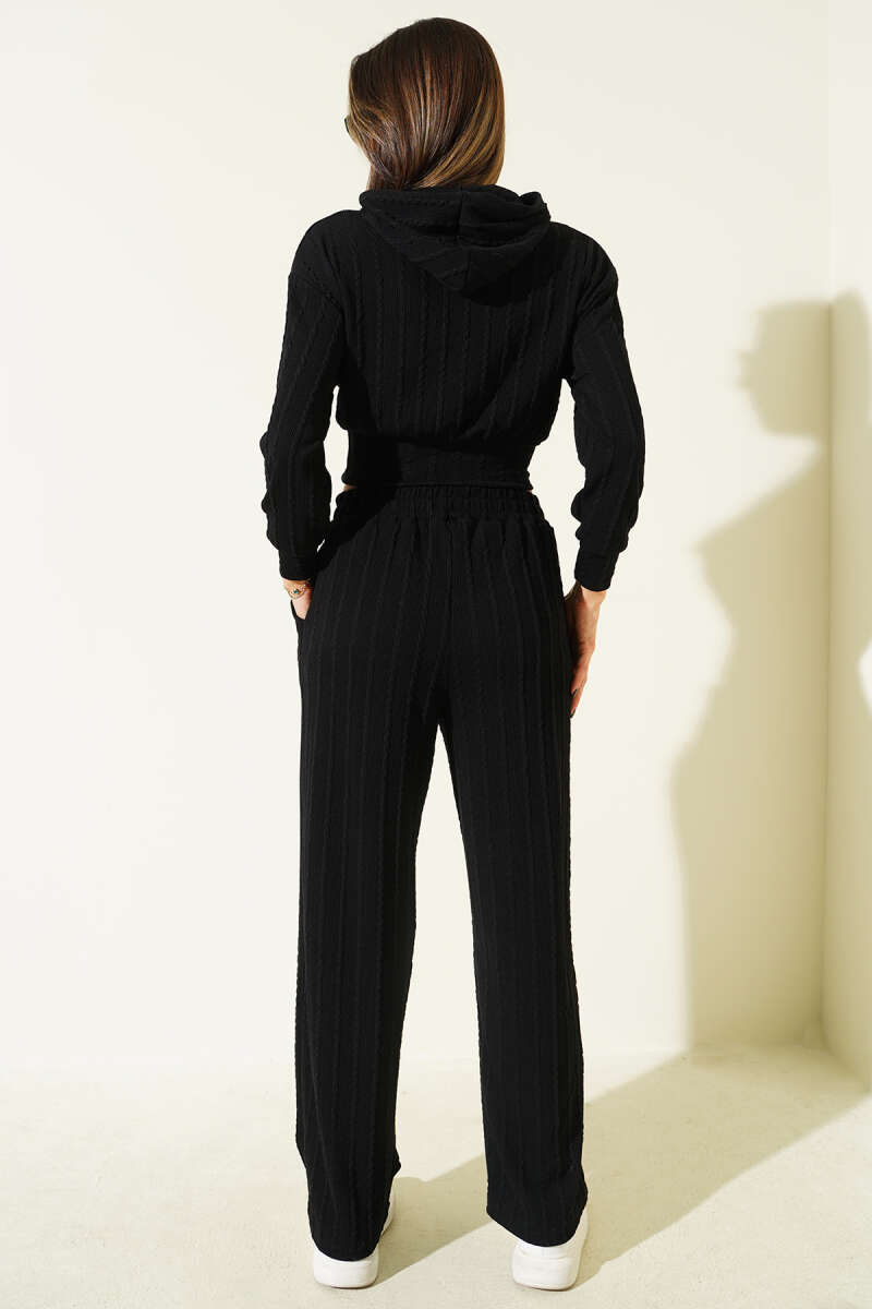 Hooded Two-Piece Set with Ruched Detail - Black