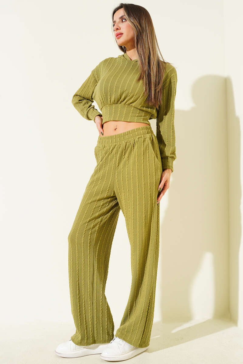 Hooded Two-Piece Set with Ruched Detail - Green