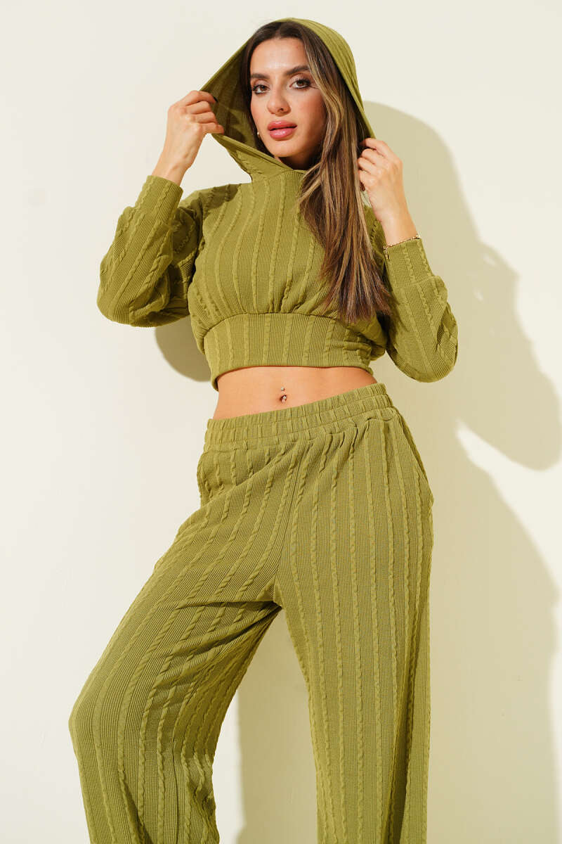 Hooded Two-Piece Set with Ruched Detail - Green