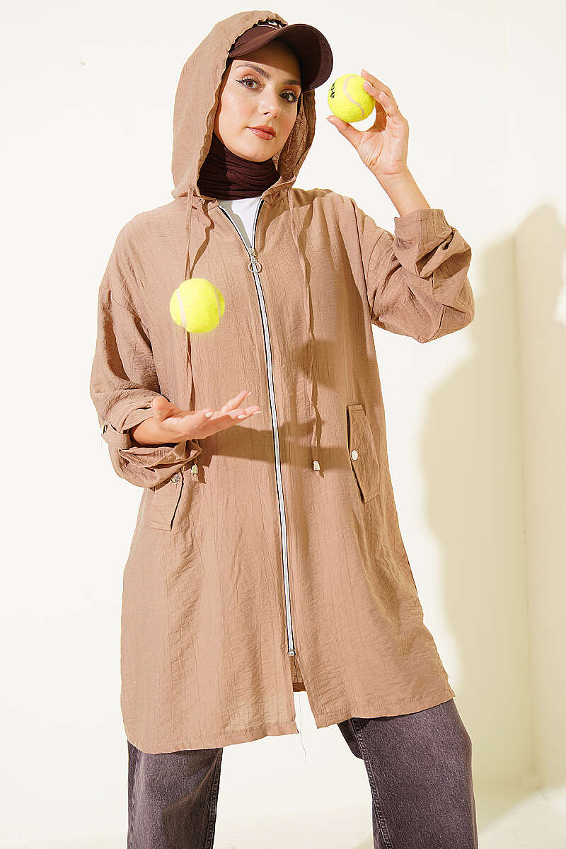 Hooded Cape Coat with Pocket Detail - Beige