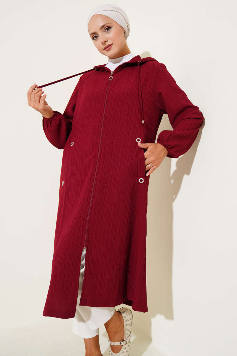 Hooded Bark-Crinkle Cape with Pockets - Burgundy