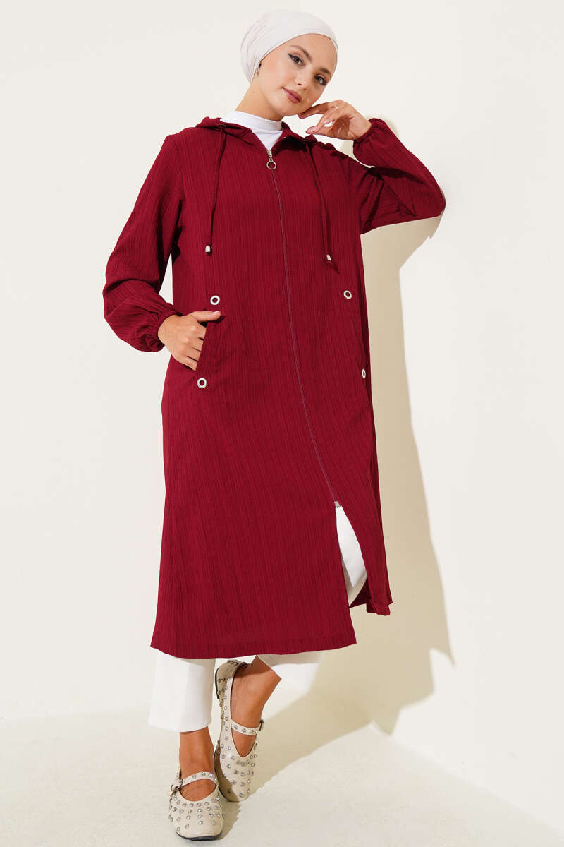Hooded Bark-Crinkle Cape with Pockets - Burgundy