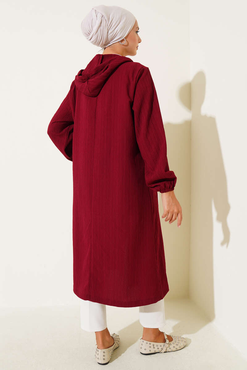 Hooded Bark-Crinkle Cape with Pockets - Burgundy