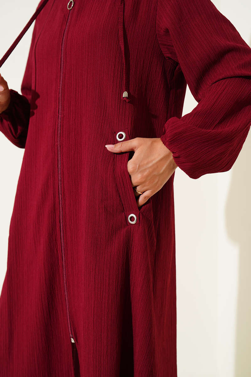Hooded Bark-Crinkle Cape with Pockets - Burgundy
