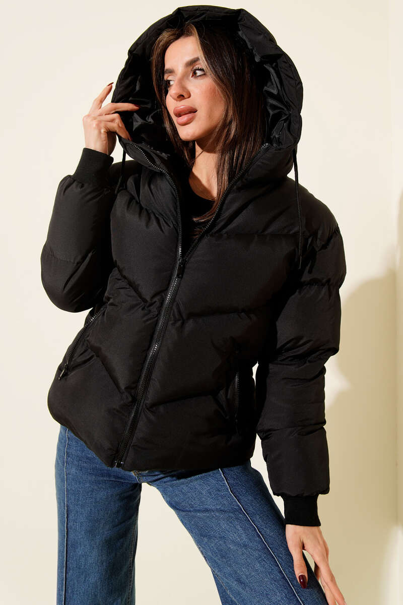 Short Hooded Puffer Jacket with Pockets - Black