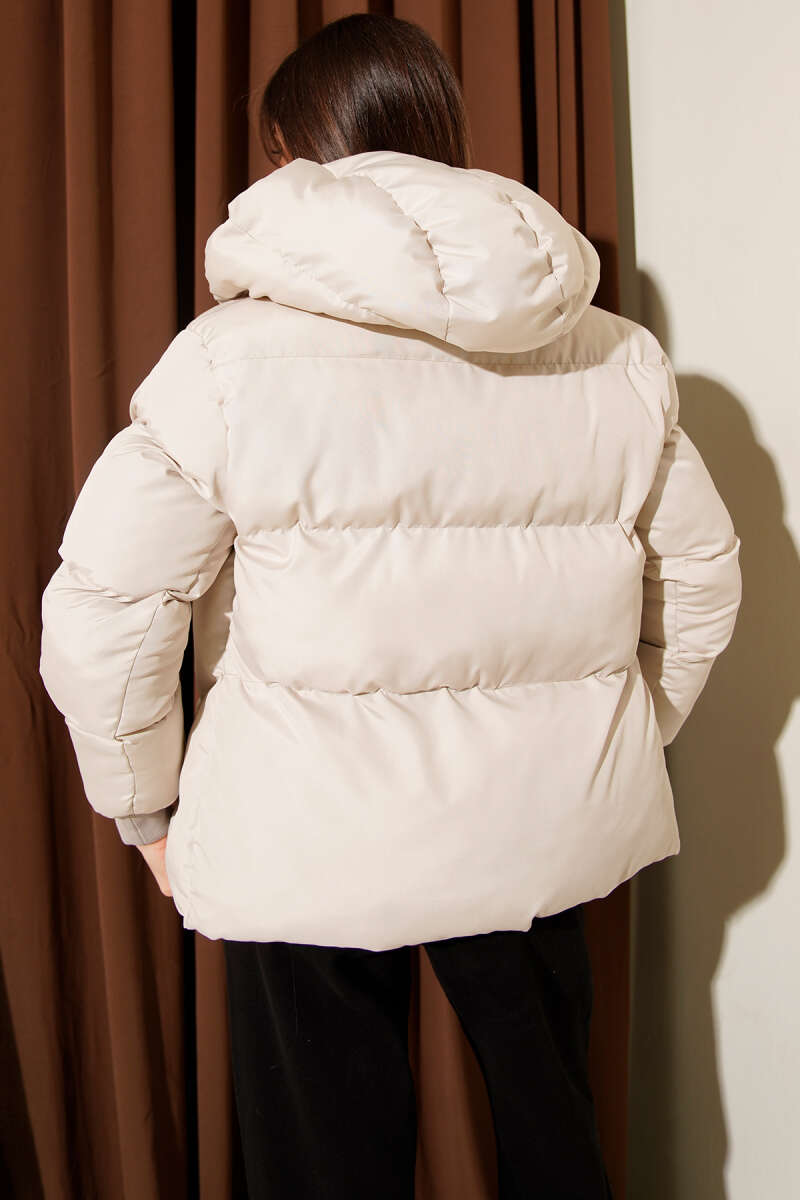 Short Hooded Puffer Jacket with Pockets - Stone