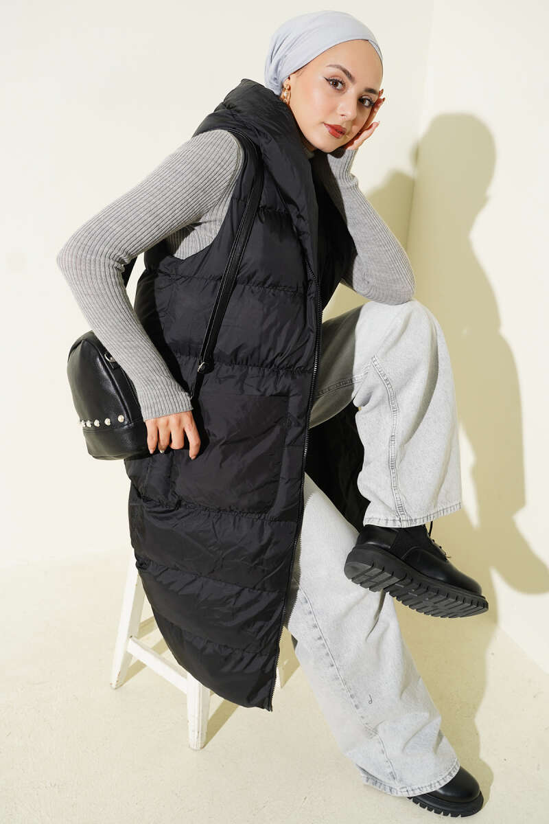 Long Hooded Puffer Vest with Pockets - Black