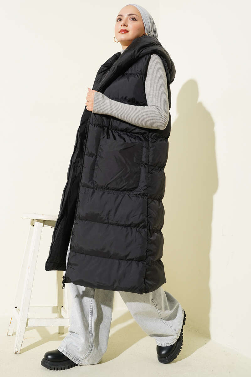 Long Hooded Puffer Vest with Pockets - Black