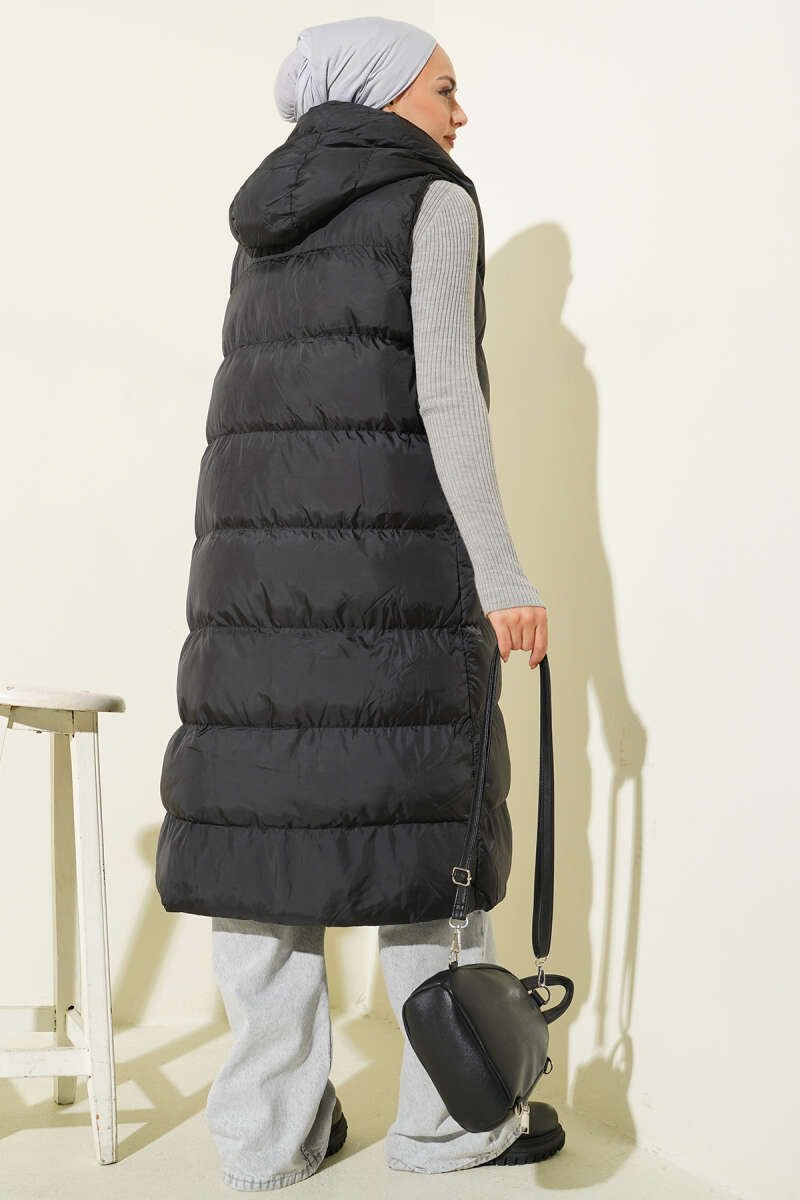 Long Hooded Puffer Vest with Pockets - Black