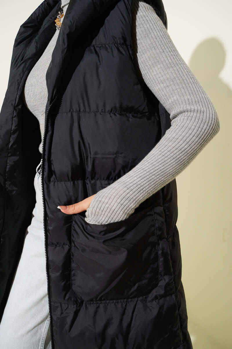 Long Hooded Puffer Vest with Pockets - Black
